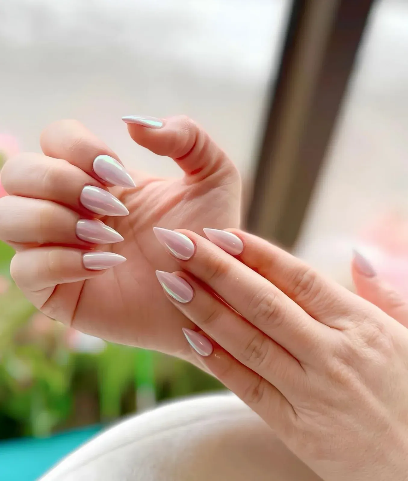 Milky almond nails with a sheer, natural finish